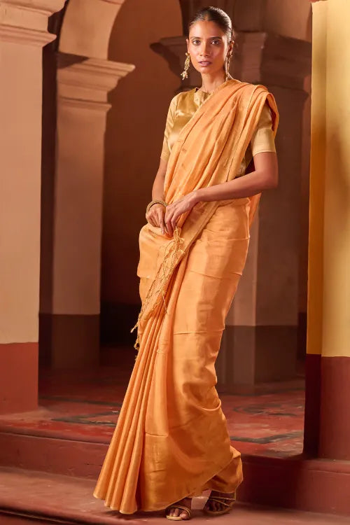 The ICH Bengal Elegance. Handwoven Tissue & Linen Saree - Peach Champagne