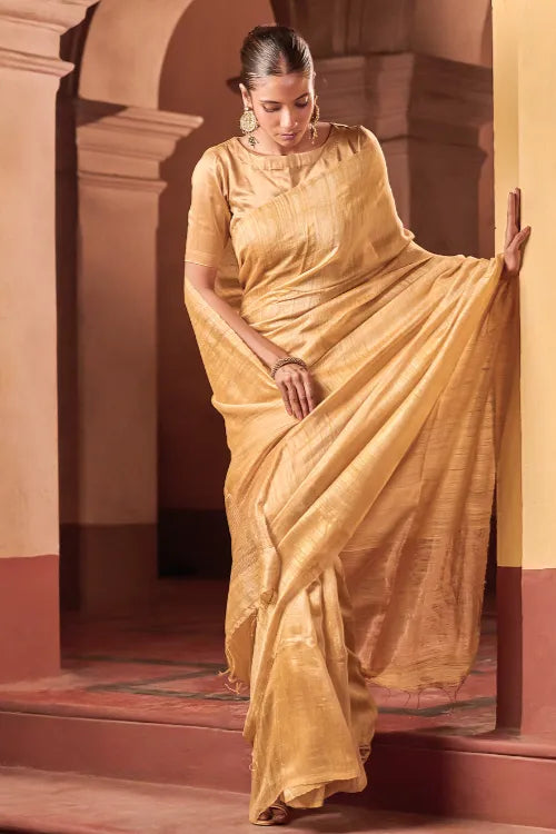 The ICH Bengal Elegance. Handwoven Soft Resham Matka Silk Saree - Sunlit Gold