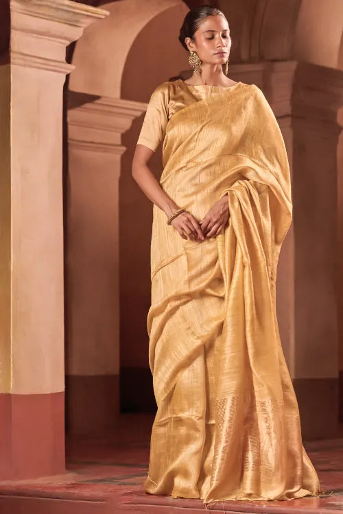 The ICH Bengal Elegance. Handwoven Soft Resham Matka Silk Saree - Sunlit Gold