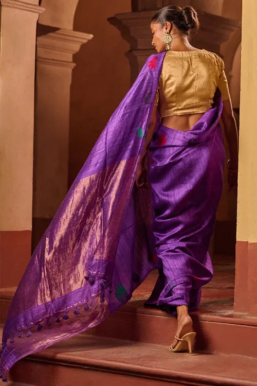 The ICH Bengal Elegance. Handwoven Soft Jamdani Resham Matka Silk Saree - Royal Iris