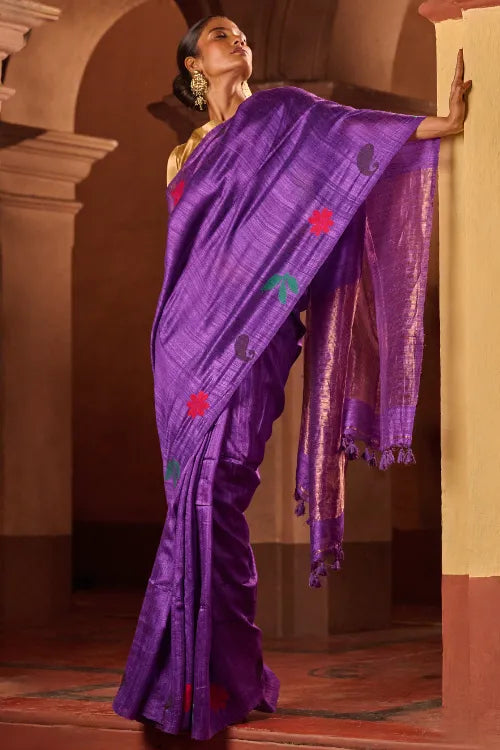 The ICH Bengal Elegance. Handwoven Soft Jamdani Resham Matka Silk Saree - Royal Iris