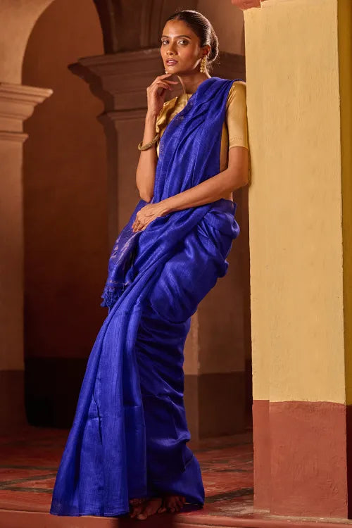 The ICH Bengal Elegance. Handwoven Soft Resham Matka Silk Saree - Royal Blue