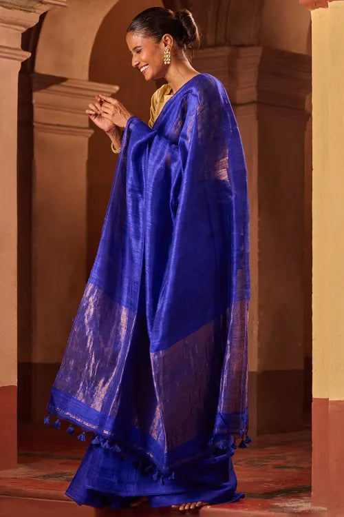 The ICH Bengal Elegance. Handwoven Soft Resham Matka Silk Saree - Royal Blue