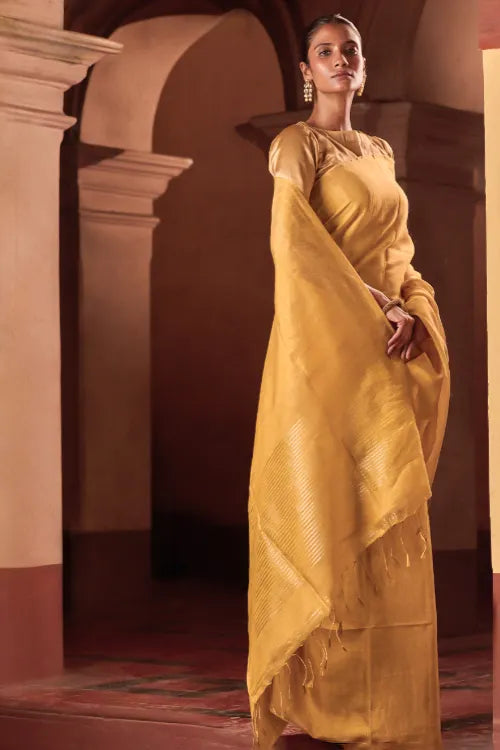 The ICH Bengal Elegance. Handwoven Tissue & Linen Saree - Golden Sand