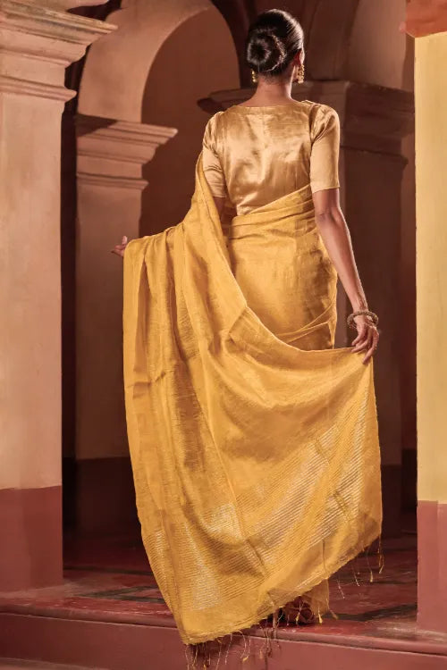 The ICH Bengal Elegance. Handwoven Tissue & Linen Saree - Golden Sand