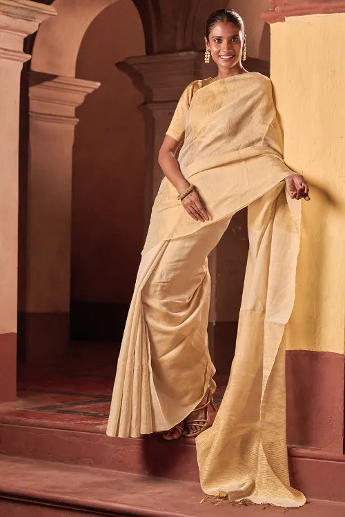 The ICH Bengal Elegance. Handwoven Tissue & Linen Saree - Soft Cream