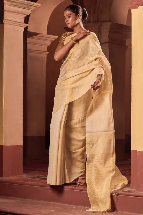 The ICH Bengal Elegance. Handwoven Tissue & Linen Saree - Soft Cream