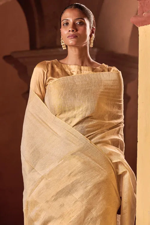 The ICH Bengal Elegance. Handwoven Tissue & Linen Saree - Soft Cream