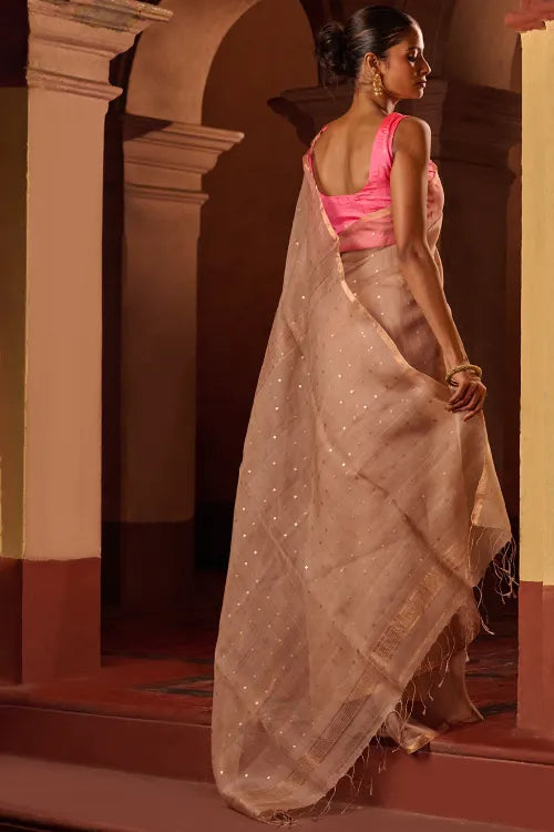 The ICH Bengal Elegance. Handwoven Sequinned Resham Silk Saree - Greyish Beige