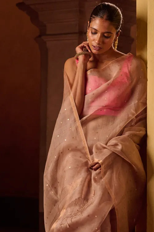 The ICH Bengal Elegance. Handwoven Sequinned Resham Silk Saree - Greyish Beige