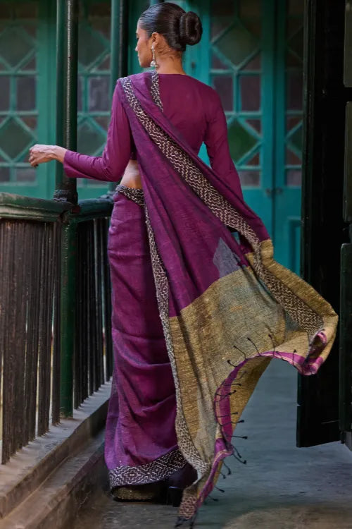 The ICH Bengal Vibes. Handwoven Linen & Kantha Border Saree - Mulberry Bush