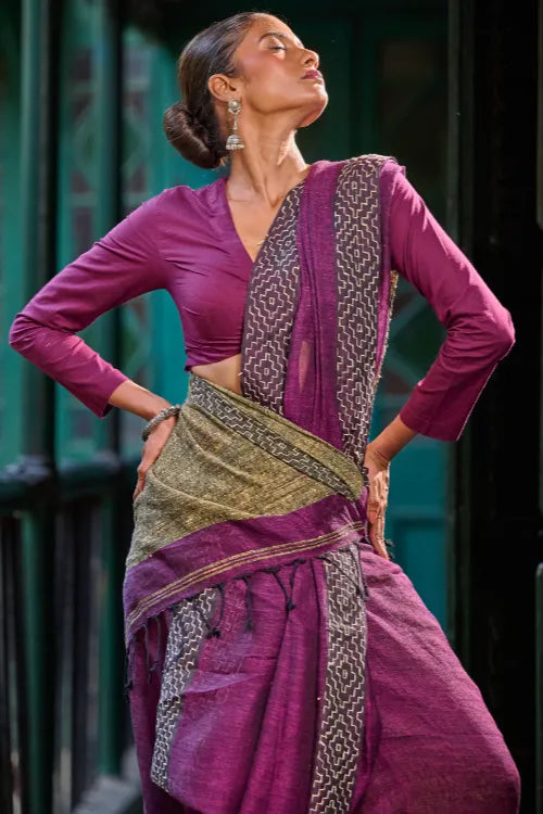 The ICH Bengal Vibes. Handwoven Linen & Kantha Border Saree - Mulberry Bush