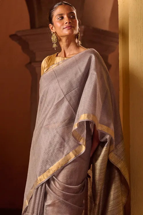 The ICH Bengal Elegance. Handwoven Silk Cotton Saree - Silver Ash