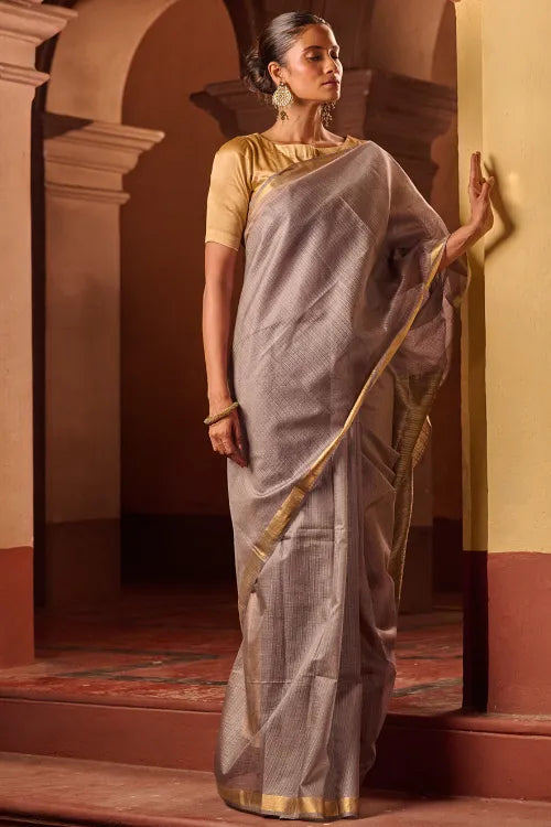The ICH Bengal Elegance. Handwoven Silk Cotton Saree - Silver Ash