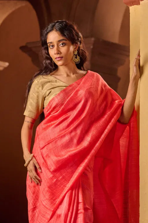 The ICH Bengal Elegance. Handwoven Soft Resham Matka Silk Saree - Warm Coral
