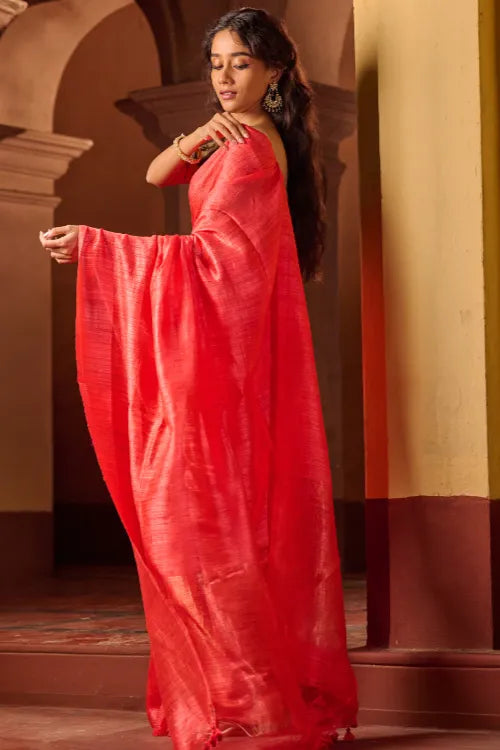 The ICH Bengal Elegance. Handwoven Soft Resham Matka Silk Saree - Warm Coral