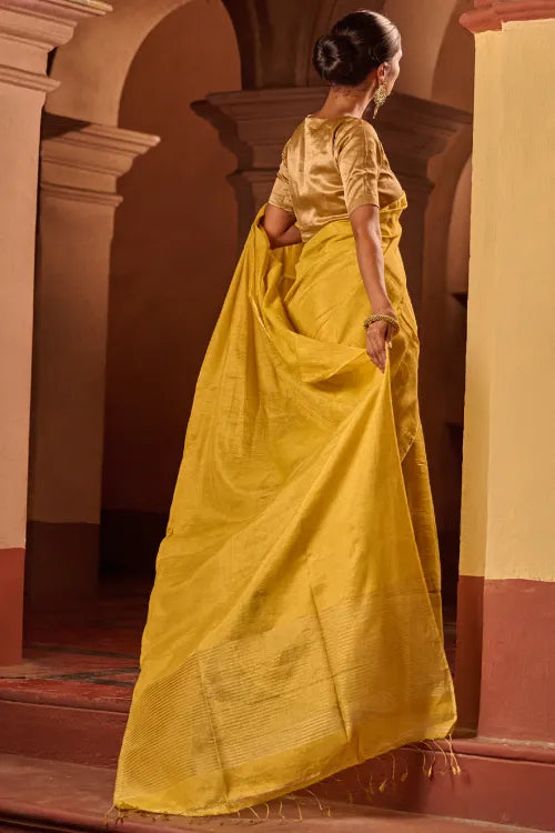 The ICH Bengal Elegance. Handwoven Tissue & Linen Saree - Sunlit Amber