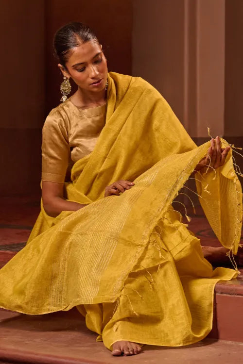 The ICH Bengal Elegance. Handwoven Tissue & Linen Saree - Sunlit Amber