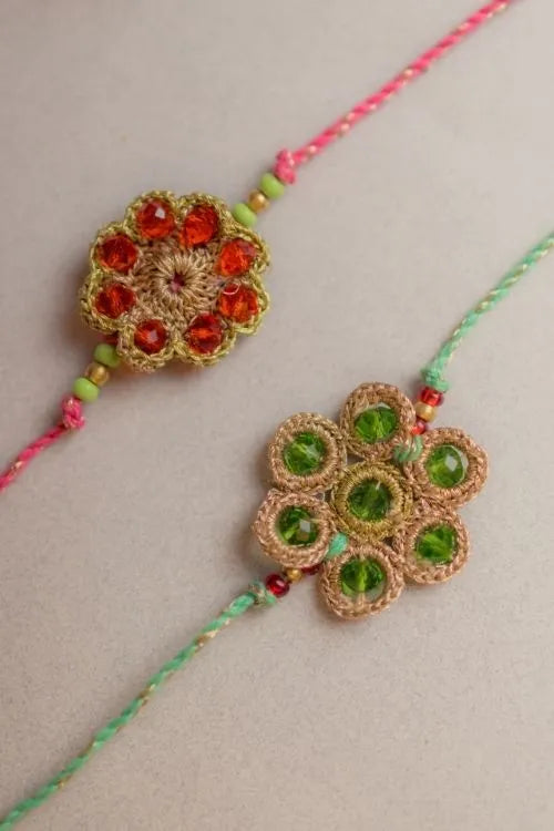 Samoolam Jewelled Flowers Crochet Rakhi (Set of 2)