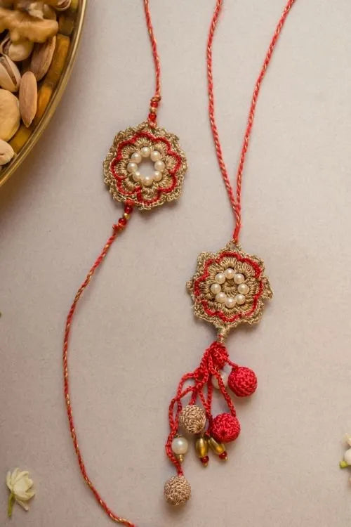 Samoolam Red Pearl Crochet Rakhi & Lumba Set (Set Of 2)