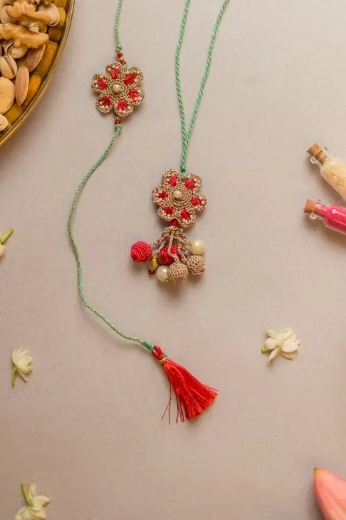 Samoolam Coral Red Crochet Rakhi & Lumba Set (Set Of 2)