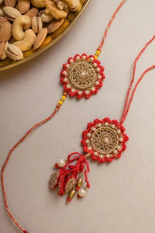 Samoolam Festive Red Crochet Rakhi & Lumba Set (Set Of 2)