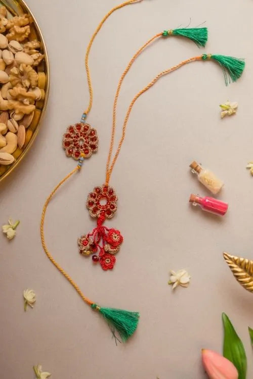 Samoolam Red Stone Crochet Rakhi & Lumba Set (Set Of 2)