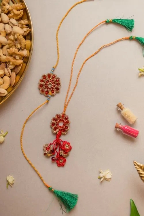 Samoolam Red Stone Crochet Rakhi & Lumba Set (Set Of 2)