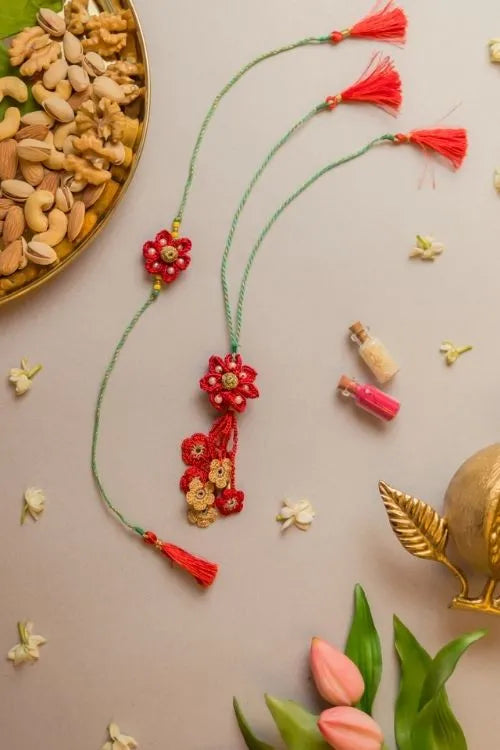 Samoolam Red Flower Crochet Rakhi & Lumba Set (Set Of 2)