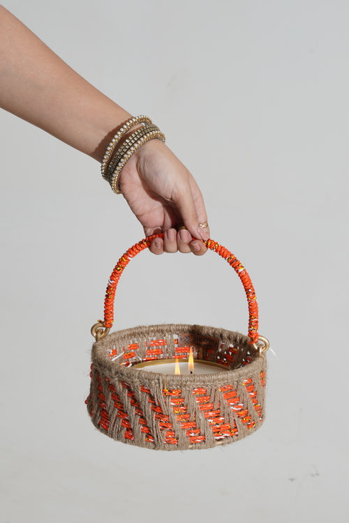 Sirohi Upcycled Plastic Rope Mini Sunset Basket With Candle| Orange & Brown