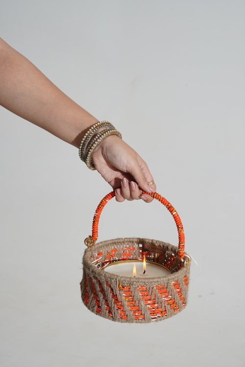 Sirohi Upcycled Plastic Rope Mini Sunset Basket With Candle| Orange & Brown