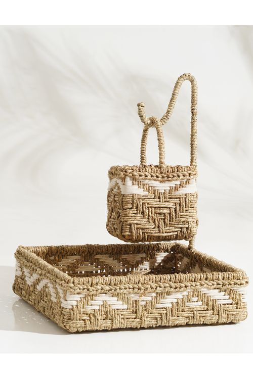 Sirohi Handwoven Multipurpose Double Decker Tray | Jute & White