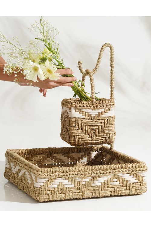 Sirohi Handwoven Multipurpose Double Decker Tray | Jute & White