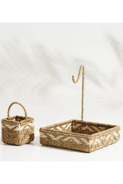 Sirohi Handwoven Multipurpose Double Decker Tray | Jute & White