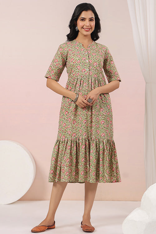 Shuddhi Green And Pink Tier Cotton Dress – Okhaistore