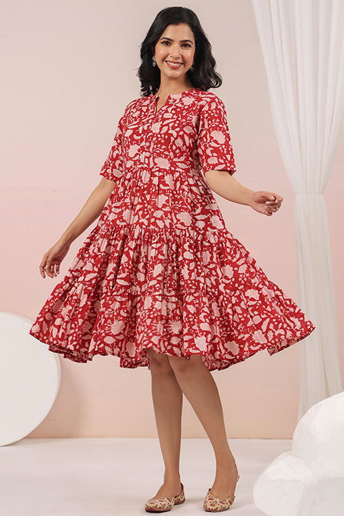 Shuddhi Red And Beige Tier Dress Okhaistore Shuddhi Red And Beige Tier Dress Okhaistore