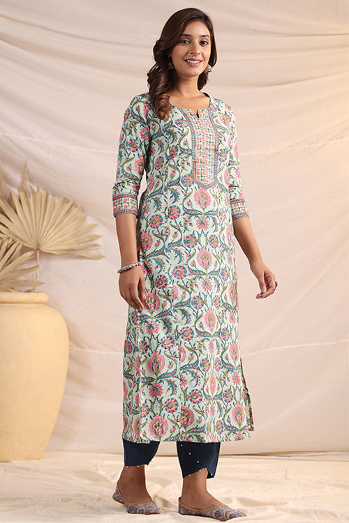 Shuddhi  Green And Pink Cotton Kurta