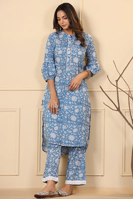 Shuddhi Cerulean Blue Block Print Kurta and Pant Set For Women Online