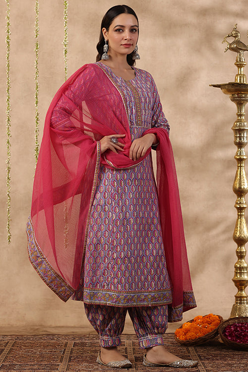 Shuddhi Purple And Red 3 Piece Kurta Set