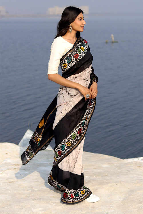 Sooti Syahi "Salt & Pepper" Batik Chanderi Saree