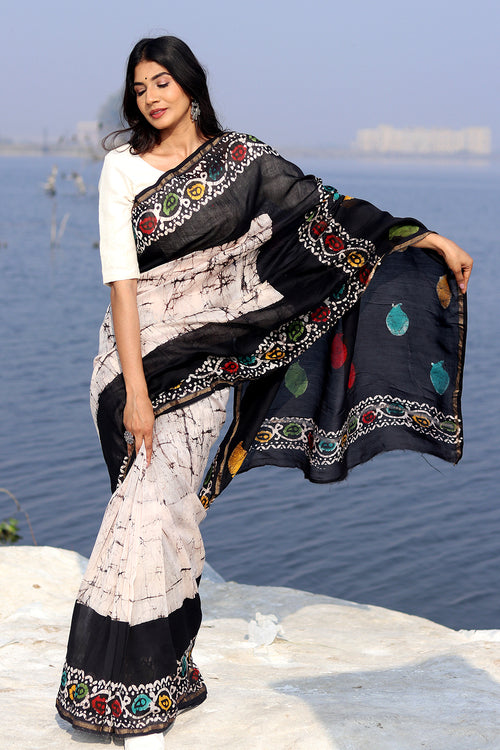 Sooti Syahi "Salt & Pepper" Batik Chanderi Saree