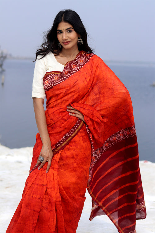 Sooti Syahi "Saffron Serene" Batik Chanderi Saree