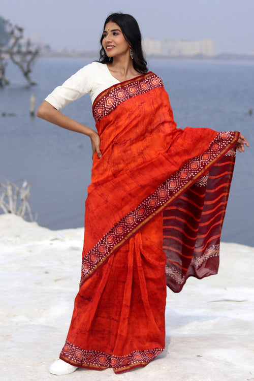 Sooti Syahi "Saffron Serene" Batik Chanderi Saree