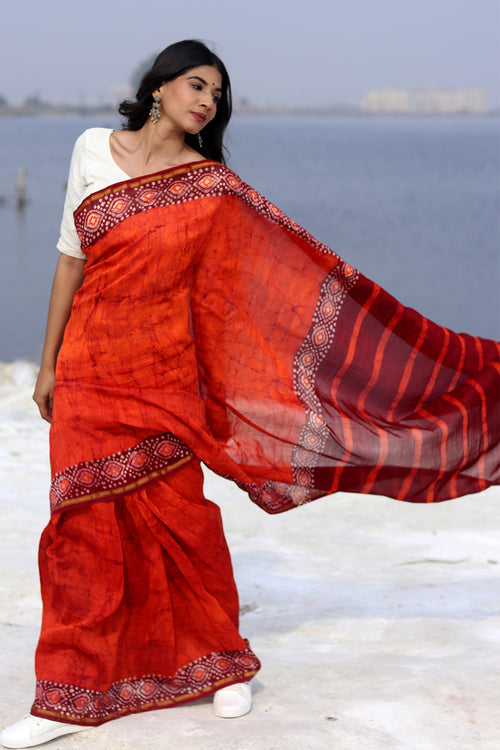 Sooti Syahi "Saffron Serene" Batik Chanderi Saree