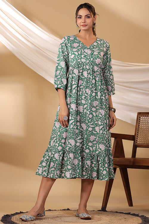 Shuddhi Forest Green Button Down Tier Dress
