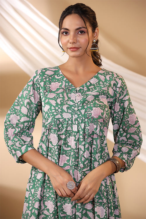 Shuddhi Forest Green Button Down Tier Dress