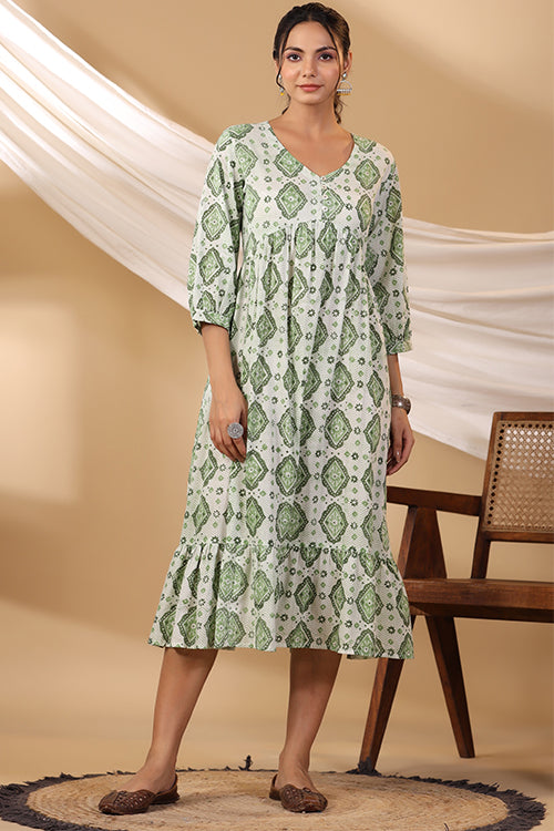 Shuddhi Grass Green Button Down Tier Dress