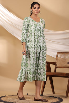 Shuddhi Grass Green Button Down Cotton Tier Dress For Women Online