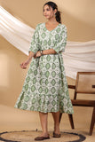 Shuddhi Grass Green Button Down Cotton Tier Dress For Women Online