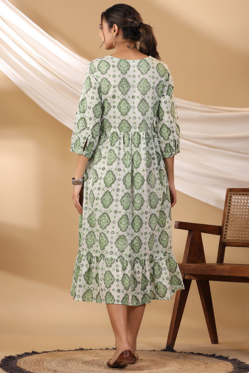 Shuddhi Grass Green Button Down Tier Dress